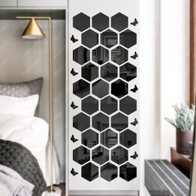 wall1ders 100 cm Hexagon 30 Black 10 Butterfly Hexagon Mirror Wall Stickers, Self Adhesive Sticker(Pack of 30)