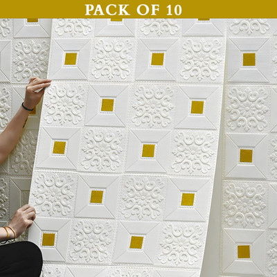 Onbet 70 cm 3D Decorative Foam White With Gold Wallpaper (70X70 CM) Self Adhesive Sticker(Pack of 10)