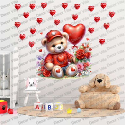 Decor Villa 50 cm Teddy with lots of Hearts Self adhesive Removable Sticker(Pack of 1)