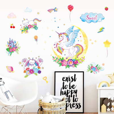 SmartWindow 60 cm Cartoon Unicorn Horse With Cats Kids Room Décor Wall Sticker (60CM x 90CM) Self Adhesive Sticker(Pack of 1)