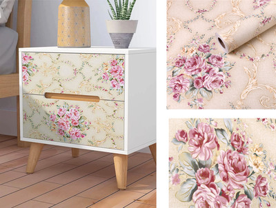 rawpockets 500 cm Damask Pattern with Pink Rose Flower Golden Mustard Yellow Background Self Adhesive Sticker(Pack of 1)