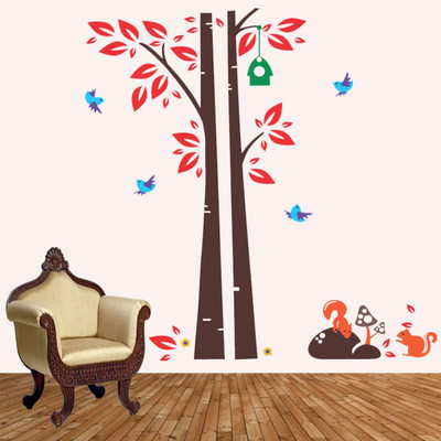 walkart 2.54 cm brown tree with birds and squirrel Removable Sticker(Pack of 1)