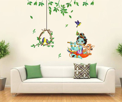 Inkfence 115 cm ' Lord Krishna Flute Singing with Cow and birds leaf Decorative ' Self Adhesive Sticker(Pack of 1)