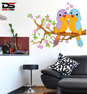 Divine studio 45 cm Trending Beautiful Love Birds Sitting on The Tree Wall Sticker Self Adhesive Sticker(Pack of 1)