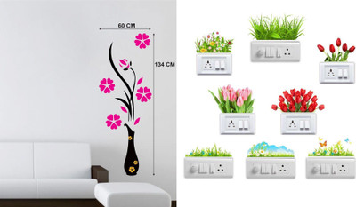 GharKraft 36 cm Flower Vase Magenta Flowers Switch Board Sticker Self Adhesive Sticker(Pack of 9)