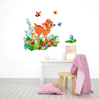 rawpockets 60 cm Deer with Butterflies in Jungle for Kids Self Adhesive Sticker(Pack of 1)