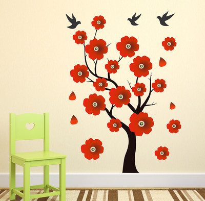 MIIKOR 110 cm Tree With Flowers | Non-Reusable Stickers Self Adhesive Sticker(Pack of 1)