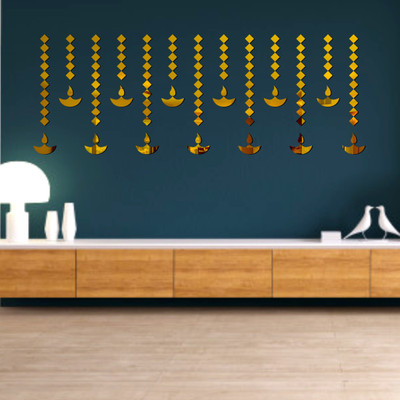 Grahak Trend 110 cm 12 Diwali Diya with Square Golden Decorative Wall Sticker Self Adhesive Sticker(Pack of 1)
