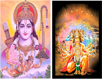 TATMODS 45.72 cm Lord Ram Ji with God Hanuman Posters ComboFor School Decor Pack of 2 Reusable Sticker(Pack of 2)