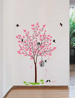 CreativeEdge 120 cm Pink Leaves Tree with Birds Cage Self Adhesive Sticker(Pack of 1)