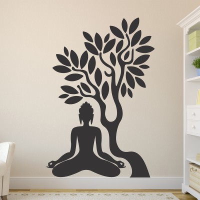 WALLSTICK 85 cm Black Tree With Buddha Removable Sticker(Pack of 1)