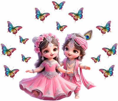 Riditcreation 50 cm Baby Radha Krishna With Butterflies Self Adhesive and Religious Removable Sticker(Pack of 1)