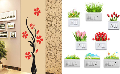 Walltech 90 cm Flower Vase Red and SB Flower Self Adhesive Sticker(Pack of 2)