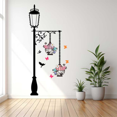 MEHMETDECOR 55 cm Lamp and cages with birds Wall Stickers & Murals Size - 55x121cm Self Adhesive Sticker(Pack of 1)