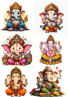 Printlive 8 cm Lord Ganesha Self Adhesive Sticker(Pack of 6)