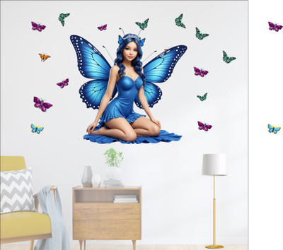 KUKU HOME DÉCOR 92 cm 3D ROYAL BLUE FAIRY WITH BUTTERFLIES. PREMIUM WALL STICKER Self Adhesive Sticker(Pack of 1)