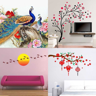 APTIO 45 cm Wall Sticker Royal Peacock magical tree flower & lantern Sunrise & Flying Bird Self Adhesive Sticker(Pack of 4)