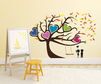 Remer 69 cm Heart shape tree with couple wallsticker Self Adhesive Sticker(Pack of 1)