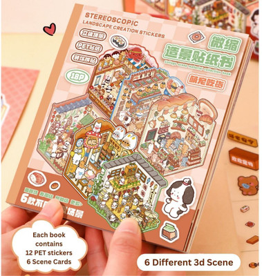 A R International 2 inch 3D Cartoon Sticker Book for Kids – 18 Sheets with Scene Cards & PET Stickers Self Adhesive Sticker(Pack of 1)