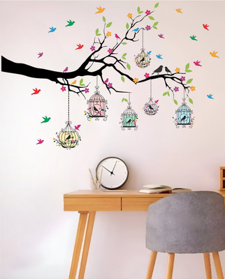Hetshree decore 127 inch Vibrant Birds & Cages on a Blossom Tree Vinyl Wall Sticker (Size 85X127 CM) Self Adhesive Sticker(Pack of 1)