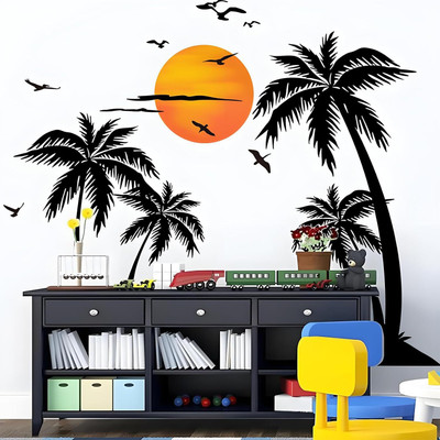 STICKER STUDIO 51 cm Palm Tree Sunset And Birds Self Adhesive Sticker(Pack of 1)