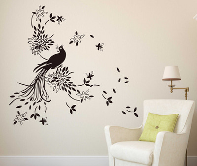 WALLDECORS 60.96 cm WALLDECOR BIRD WITH LEAVES AND FLOWERS IMAGE Self Adhesive Sticker(Pack of 1)