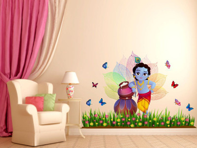 Decor hubb 90 cm Beautiful Krishna with Butterfly Self Adhesive Wall Sticker ( 90 x 60 cm ) Self Adhesive Sticker(Pack of 1)