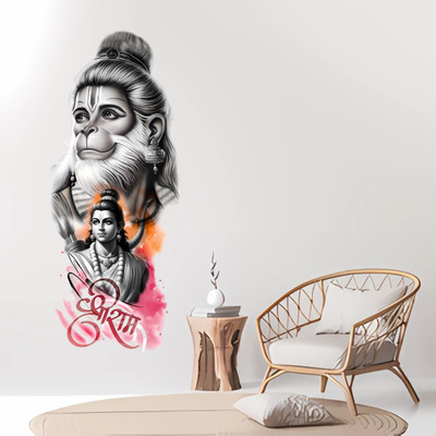 WallBiirds 60 cm Hanuman ji with raam ji wall sticker Self Adhesive Sticker(Pack of 1)