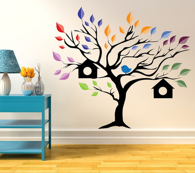 MIIKOR 120 cm Tree & Bird's House | Non-Reusable Stickers Self Adhesive Sticker(Pack of 1)