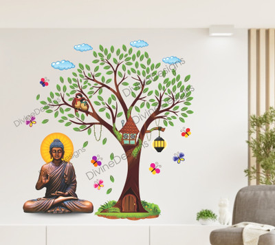 Art Kafe 64 cm Brown Buddha and Tree Birds Self Adhesive Sticker(Pack of 1)
