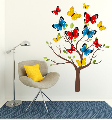 Littlebuds 55 cm Colourful Butterflies tree|Decoration For Home|Removeble Self Adhesive Sticker(Pack of 1)