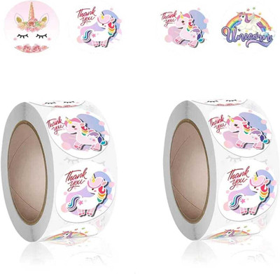 Kavid 2.5 cm Rainbow Unicorn Thank You Text Designs Stickers Adorable for Crafts, Birthdays Self Adhesive Sticker(Pack of 2)