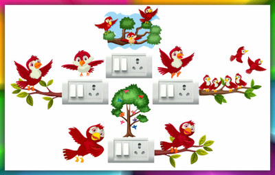 DivineDesigns 13 cm Red Birds on Branch Self Adhesive Sticker(Pack of 1)