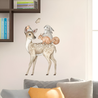 KGDecor 47 cm Cute Deer with Rabbit, Squirrel & Bird Wall Sticker Self Adhesive Sticker(Pack of 1)