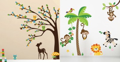 EJAart 45 cm Trendy Wall Stickers- brown tree cute animals & Jungle Self Adhesive Sticker(Pack of 2)