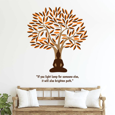 rawpockets 95 cm Brown Lord Buddha Under Tree With Life Quotes Self Adhesive Sticker(Pack of 1)