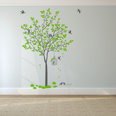 Flipkart SmartBuy 103 cm Green Tree|Birds Cages|Living Room|Atrractive|Colorful Self Adhesive Sticker(Pack of 1)