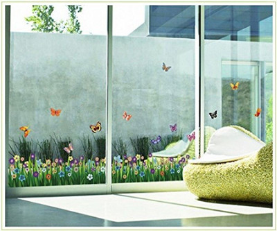 JAAMSO ROYALS 70 cm Butterfly & Flower with Green Grass Design Self Adhesive Self Adhesive Sticker(Pack of 1)
