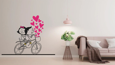 BPARTS 58 inch decorative abstract girl with bycycle pink hearts wall sticker Reusable Sticker(Pack of 1)