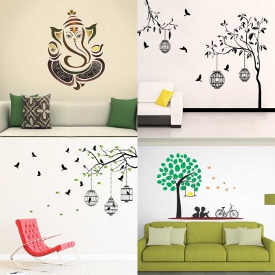 APTIO 45 cm Wall Sticker Royal Ganesh Flying birds & free bird case Black Kids under tree Self Adhesive Sticker(Pack of 4)