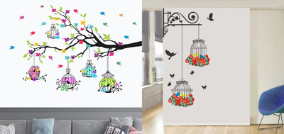 Decor Villa 117 cm Combo of branches birds and cages Removable Sticker(Pack of 1)