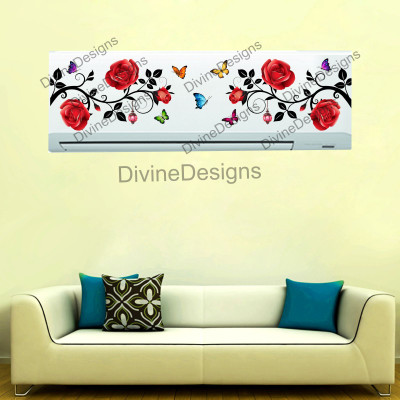 DivineDesigns 23 cm Red Flower Branch Butterfly AC Sticker Self Adhesive Sticker(Pack of 1)