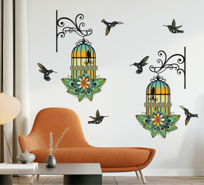 YMGRAPHICS 62 cm Hanging Birds Cage with Flowers Wall Sticker Self Adhesive Sticker(Pack of 1)