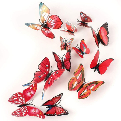 JAAMSO ROYALS 13 cm Red Butterfly 3D Magnet Butterefly Self Adhesive Wall Sticker (Set of 12 pcs) Self Adhesive Sticker(Pack of 12)