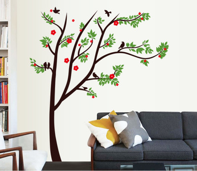 SmartWindow 60 cm Multicolor Tree With Birds Wall Décor & Home Décor Wall Sticker (60CM x 90CM) Self Adhesive Sticker(Pack of 1)