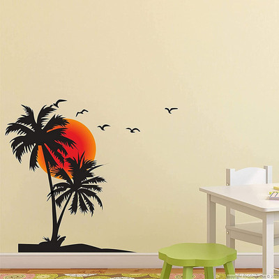 InkHex 102 cm Coconut Tree with Sunset Birds Wall Sticker Self Adhesive Sticker(Pack of 1)