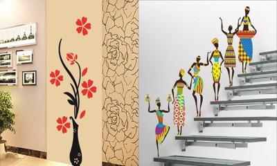 Walltech 90 cm Flower Vase Red and Tribal Lady Self Adhesive Sticker(Pack of 2)