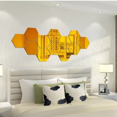 SUPER-ME 10.1 inch 12 PCS hexagon Mirror Wall Stickers Gold hexagon Mirror Stickers Self Adhesive Sticker(Pack of 1)