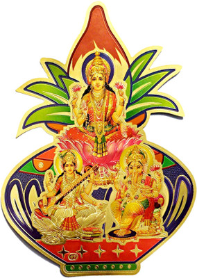 SUNINOW 20.32 cm laxmi ganesh saraswati with kalash gold foil embossed sticker Self Adhesive Sticker(Pack of 1)