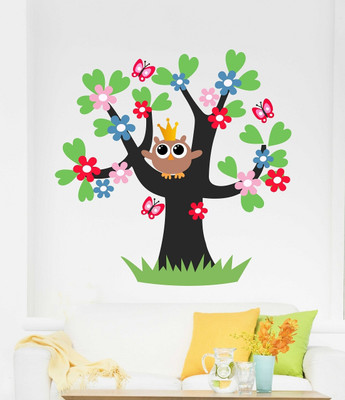 Wallme 80 cm Tree & Birds | Non-Reusable Stickers Self Adhesive Sticker(Pack of 1)